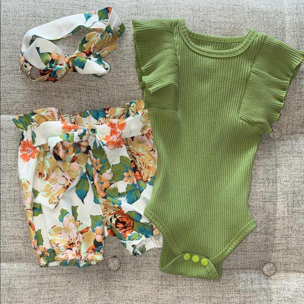 Floral Green Ruffle Baby Set with Headband